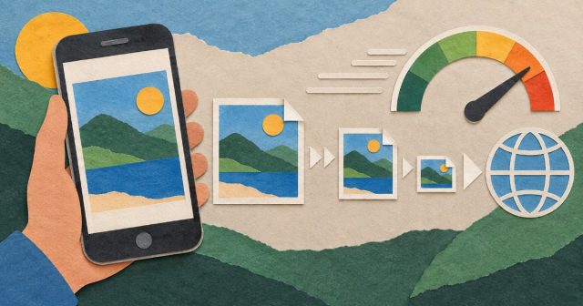 Ruka drží telefon s fotografií, vedle zmenšující se obrázky a ukazatel rychlosti načítání