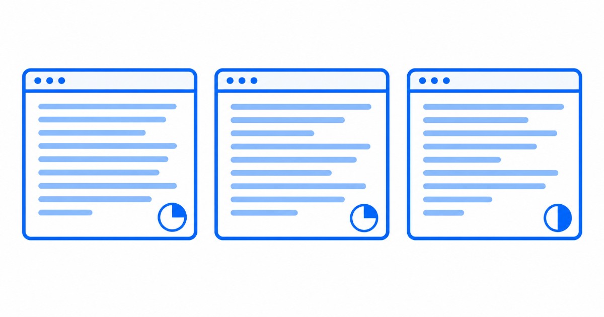 Tři okna textových editorů s řádky textu a ikonou počítadla znaků v rohu